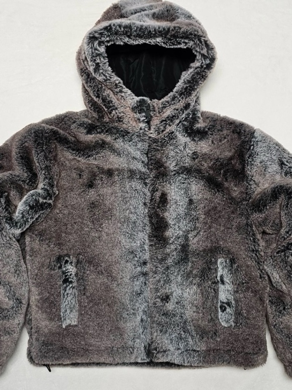 Zara Charcoal Faux Fur Hooded Bomber Jacket